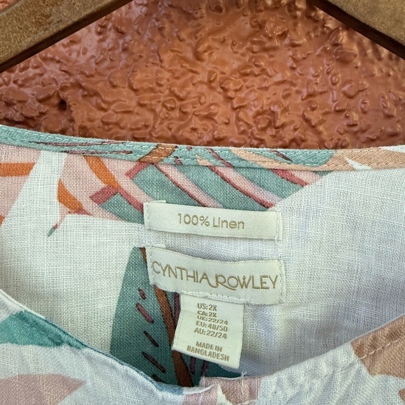 Cynthia Rowley Womens Plus 2X White Floral 100% Linen Shirt Top Tropical - Picture 2 of 5